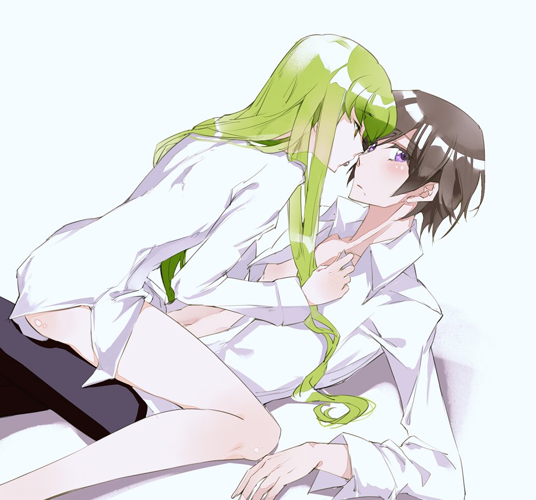 bare legs, black hair, c.c., code geass, exposed legs, female, female on top, green hair, imminent sex, lelouch lamperouge, male, male on bottom, meimi k, partially clothed, white shirt, yellow eyes