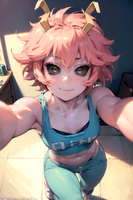 ai_generated aiposter from_above gym_uniform horn light_smile mina_ashido muscular my_hero_academia pink_hair reaching_towards_viewer sweatpants tank_top yellow_eyes