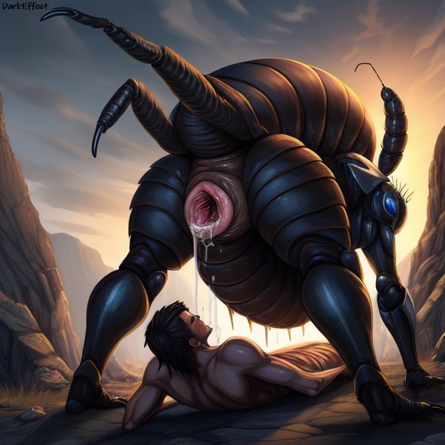 1boy ai_generated ambiguous_gender antennae_(anatomy) arthropod bent_over cloaca cloaca_juice cloaca_juice_drip cocoon darkeffect dripping dripping_wet forced giant_insect imminent_fellatio insectophilia insects larger_female multi_arm multi_limb presenting_hindquarters rear_view smaller_male unusual_anatomy