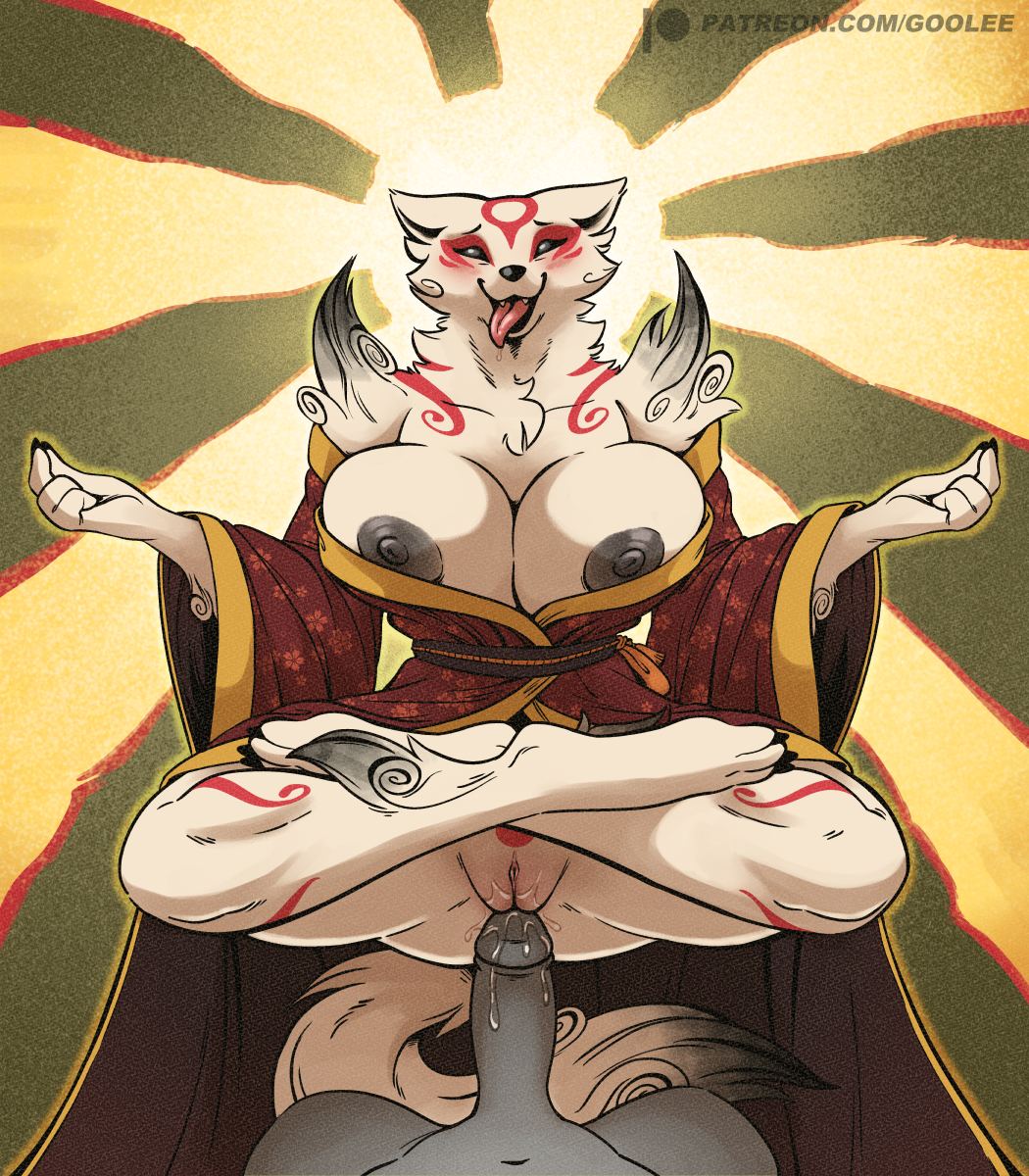 amaterasu amaterasu_(okami) anthro big_breasts biped breasts brown_eyes canid canine canis capcom cleavage clothed clothing crossed_legs duo erection female front_view fur genitals goolee grey_body hi_res male mammal navel okami okami_(capcom) penis pussy white_body white_fur wolf