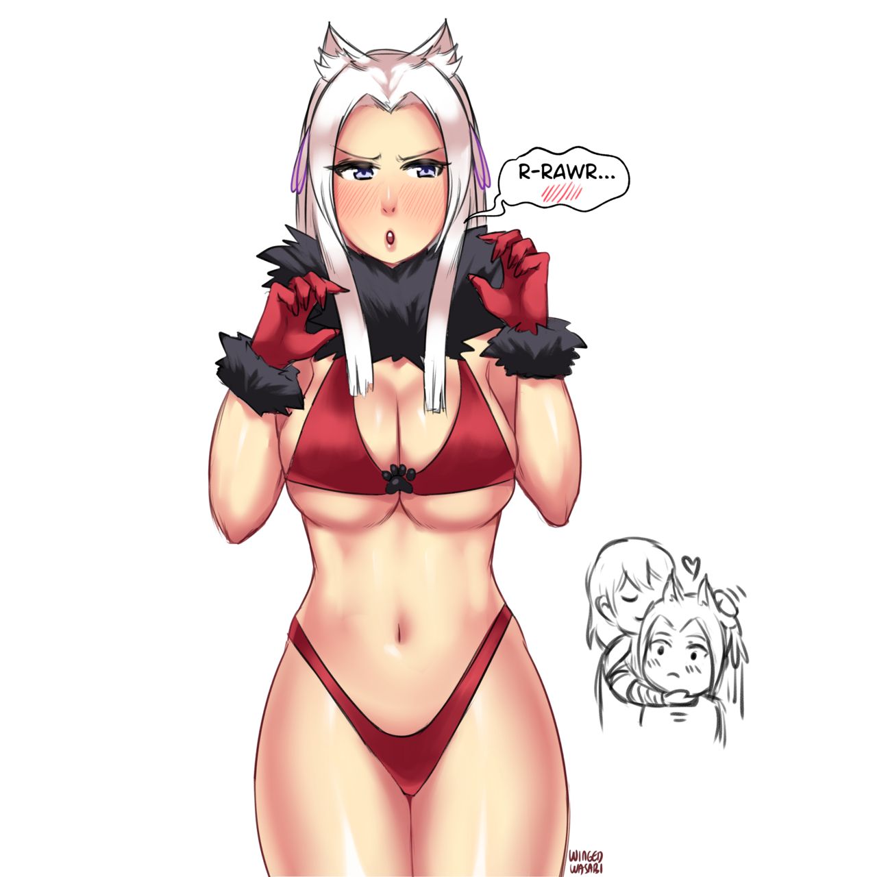 2019 2girls bikini blush blush_lines byleth_(fire_emblem) byleth_(fire_emblem)_(female) cat_ears catgirl edelgard_von_hresvelg embarrassed english_text female female_focus female_only fire_emblem fire_emblem:_three_houses flustered halloween head_pat heart_around_head hugging looking_away mostly_nude multiple_girls petting purple_eyes red_bikini solo_focus text white_background white_hair wingedwasabi yuri