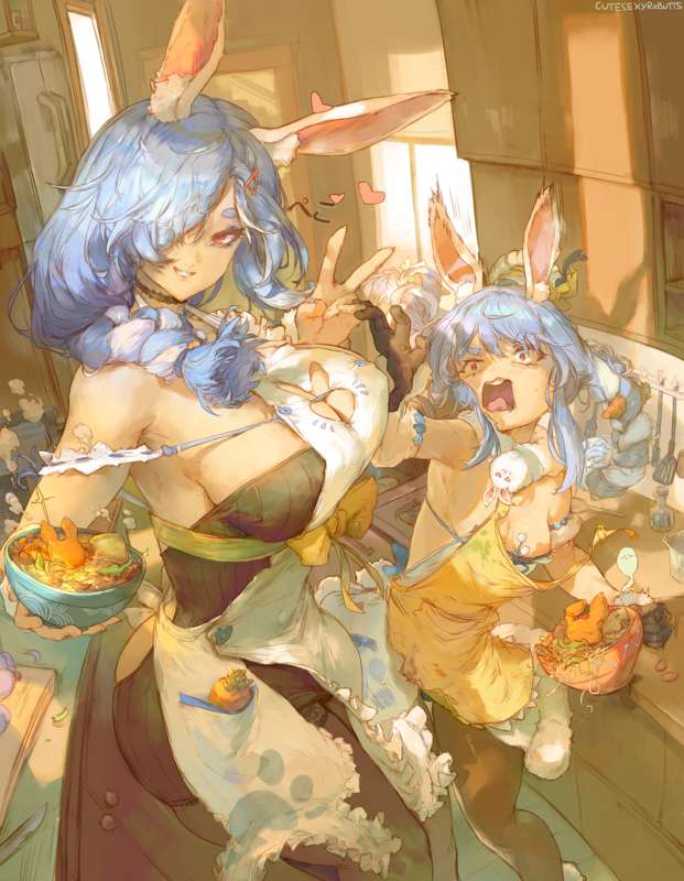 2girls angry big_breasts breasts bunny_girl cutesexyrobutts funny hair_covering_eye hololive hololive_fantasy hololive_japan mother_and_daughter multiple_girls nipples pekomama usada_pekora v_sign virtual_youtuber