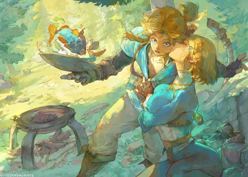 1boy 1girls big_breasts blonde_hair breasts breath_of_the_wild busty characterful clothing curvaceous curvy cutesexyrobutts humanoid hylian kissing link link_(breath_of_the_wild) nintendo pale_skin pointy_ears princess_zelda sfw surprised_expression tears_of_the_kingdom the_legend_of_zelda thighs wholesome zelda_(breath_of_the_wild) zelda_(tears_of_the_kingdom)