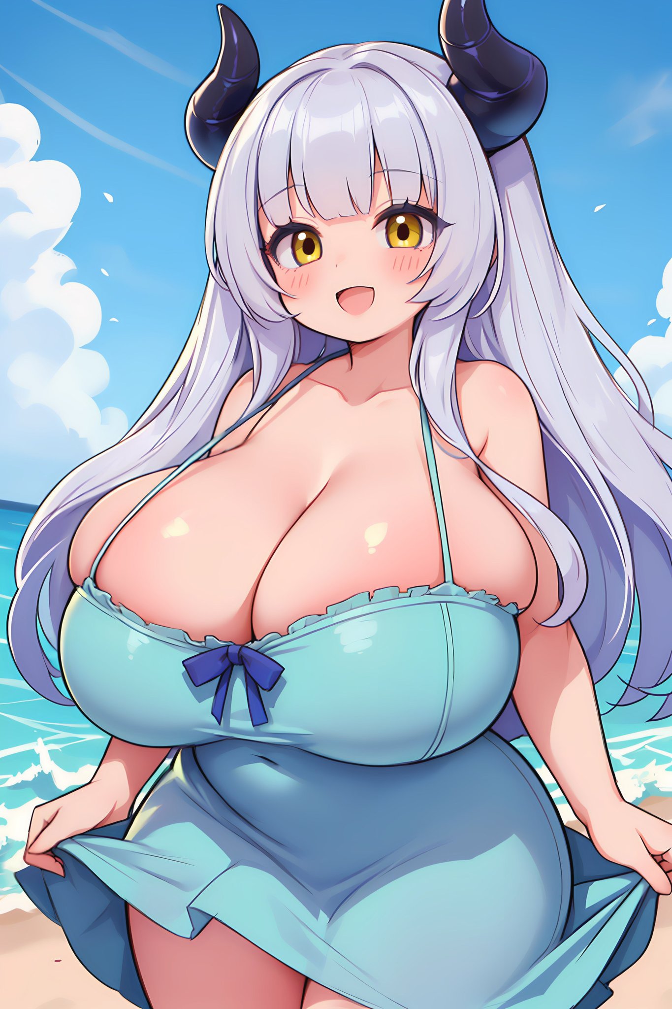ai generated, breasts, cleavage, doppelgänger ai, dragon girl, dragon horns, dress, female, huge breasts, light skin, light-skinned female, looking at viewer, original, original character, pale skin, pale-skinned female, smiling at viewer, white hair, wide hips