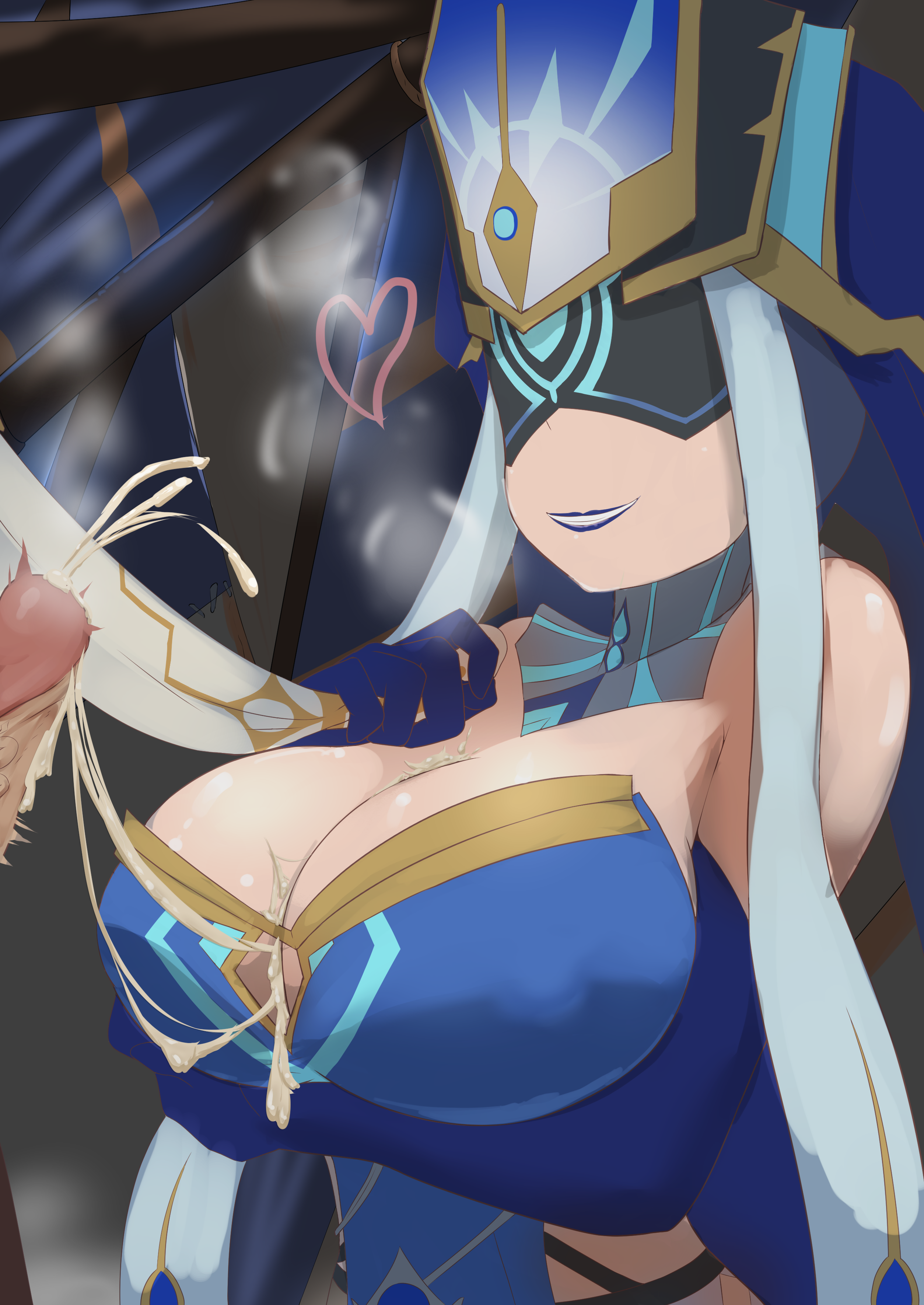 1boy, 1girls, aether (genshin impact), after paizuri, artist request, big breasts, blue hair, breasts, cum, cum between breasts, cum on breasts, faceless male, fatui, fatui mirror maiden (genshin impact), female, genshin impact, hoyoverse, light skin, light-skinned female, light-skinned male, male, npc, smile, uncensored