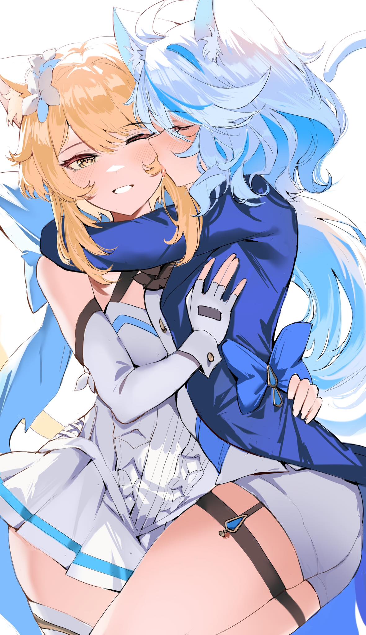 2girls, black hair, blonde hair, blush, breasts, cat ears, cat girl, catgirl, closed eyes, clothing, female, female only, fully clothed, furina (genshin impact), genshin impact, hoyoverse, hug, hugging, lesbian kiss, licking, licking face, lumine (genshin impact), shiben (ugvu5784), smile, thick thighs, tongue, tongue out, yellow eyes, yuri