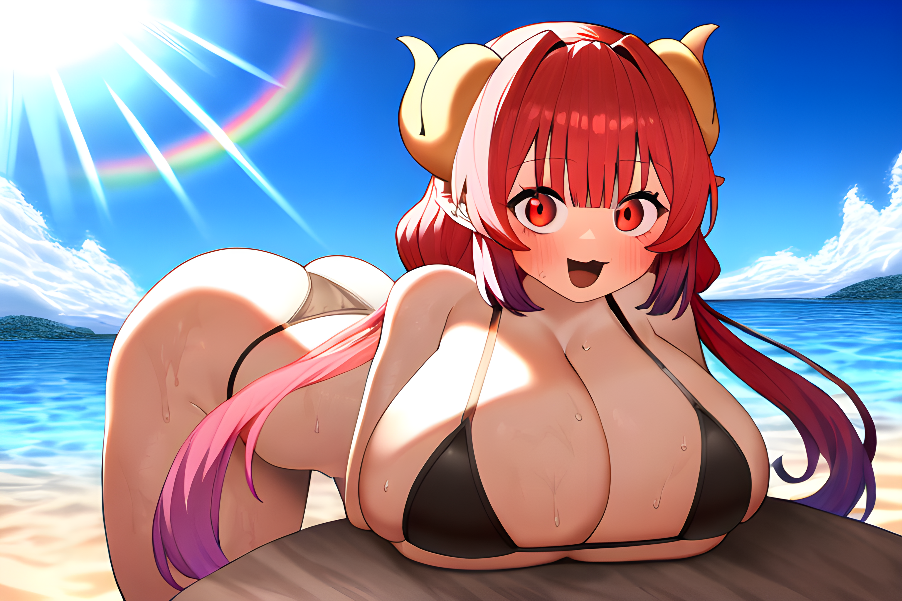 1girls, ai generated, artist request, ass, beach, bent over, bikini, breasts, curvaceous, curvy, curvy female, curvy figure, dragon horns, female, female only, horns, huge breasts, ilulu (dragon maid), kobayashi-san chi no maidragon, miss kobayashi's dragon maid, novelai, ocean, pov, rainbow, red eyes, red hair, shortstack, smile, smiling, smiling at viewer, sunlight, wet