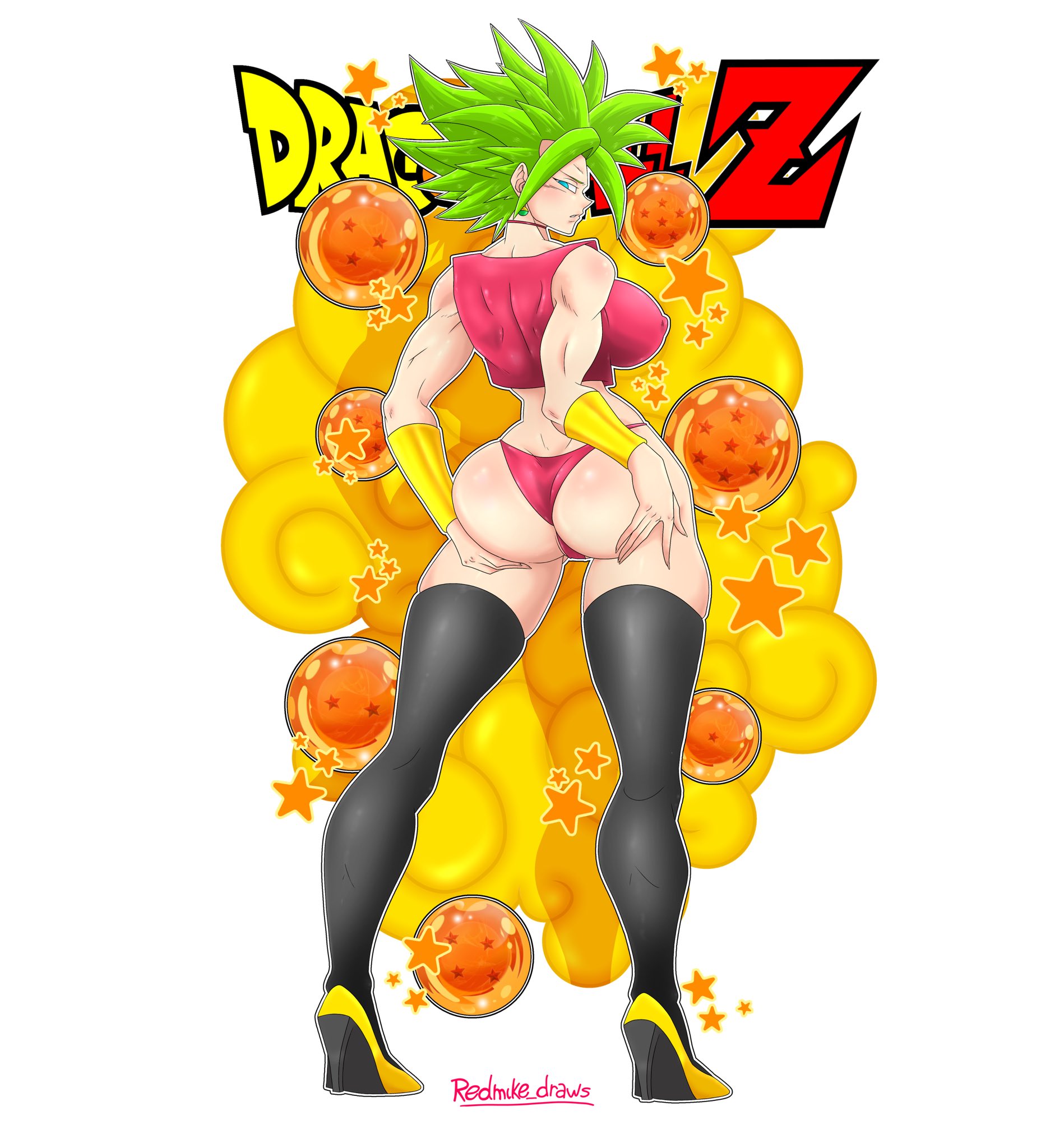 1girls, artist request, ass, ass focus, bracers, breasts, dragon ball, dragon ball (object), dragon ball super, dragon ball z, female, green hair, heels, japanese text, kefla, large breasts, legendary super saiyan, legs, long legs, mature female, panties, pantyhose, potara earrings, potara fusion, short hair, solo, super saiyan, super saiyan 2, thighhighs