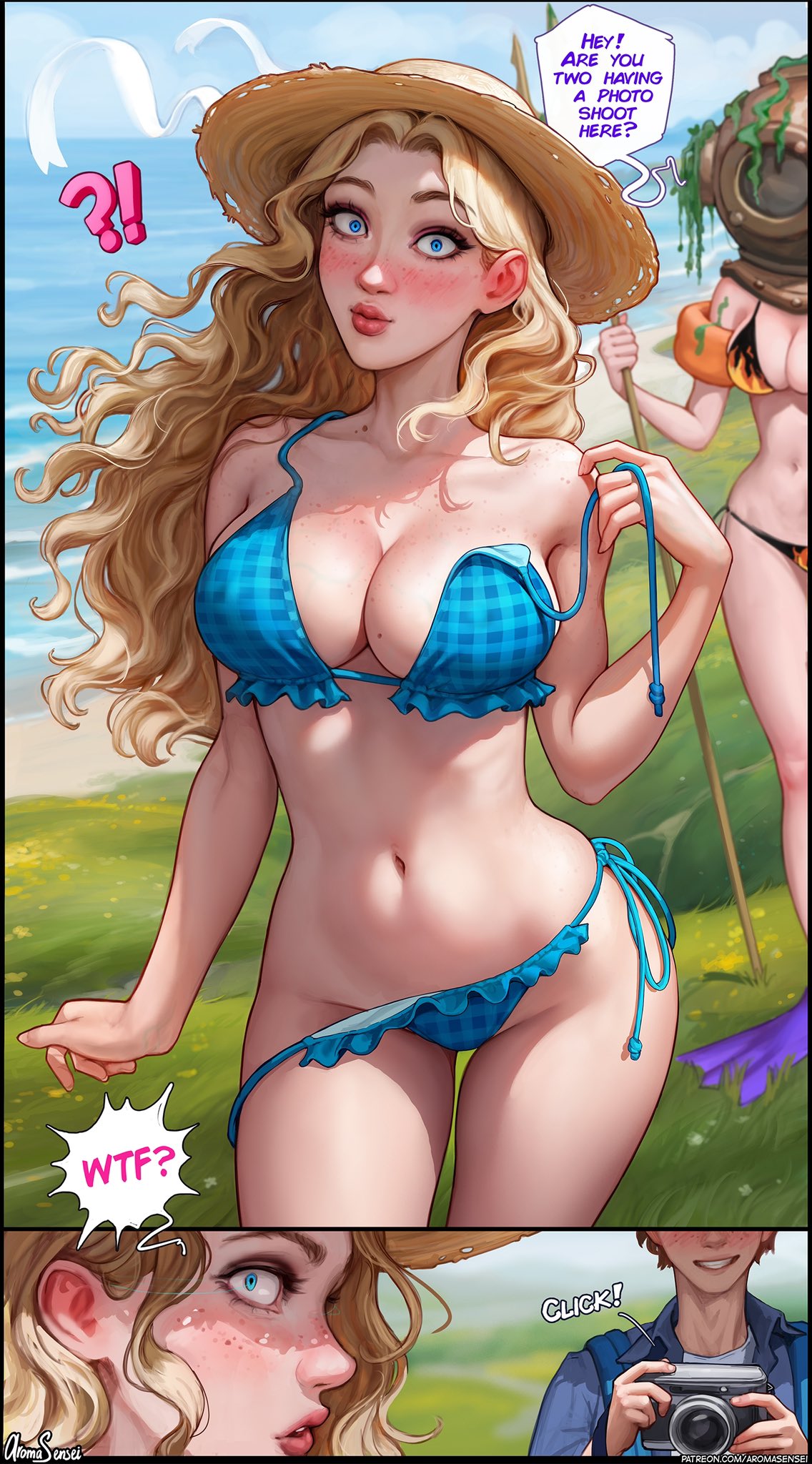 !? 1boy 2girls aroma_sensei belly belly_button big_breasts bikini bikini_top_removed blonde_hair blue_eyes breasts camera cleavage diving_mask diving_suit haley_(stardew_valley) hat long_hair outdoors panties_removed seaside small_waist stardew_valley taking_picture undressing walk-in wide_hips wind