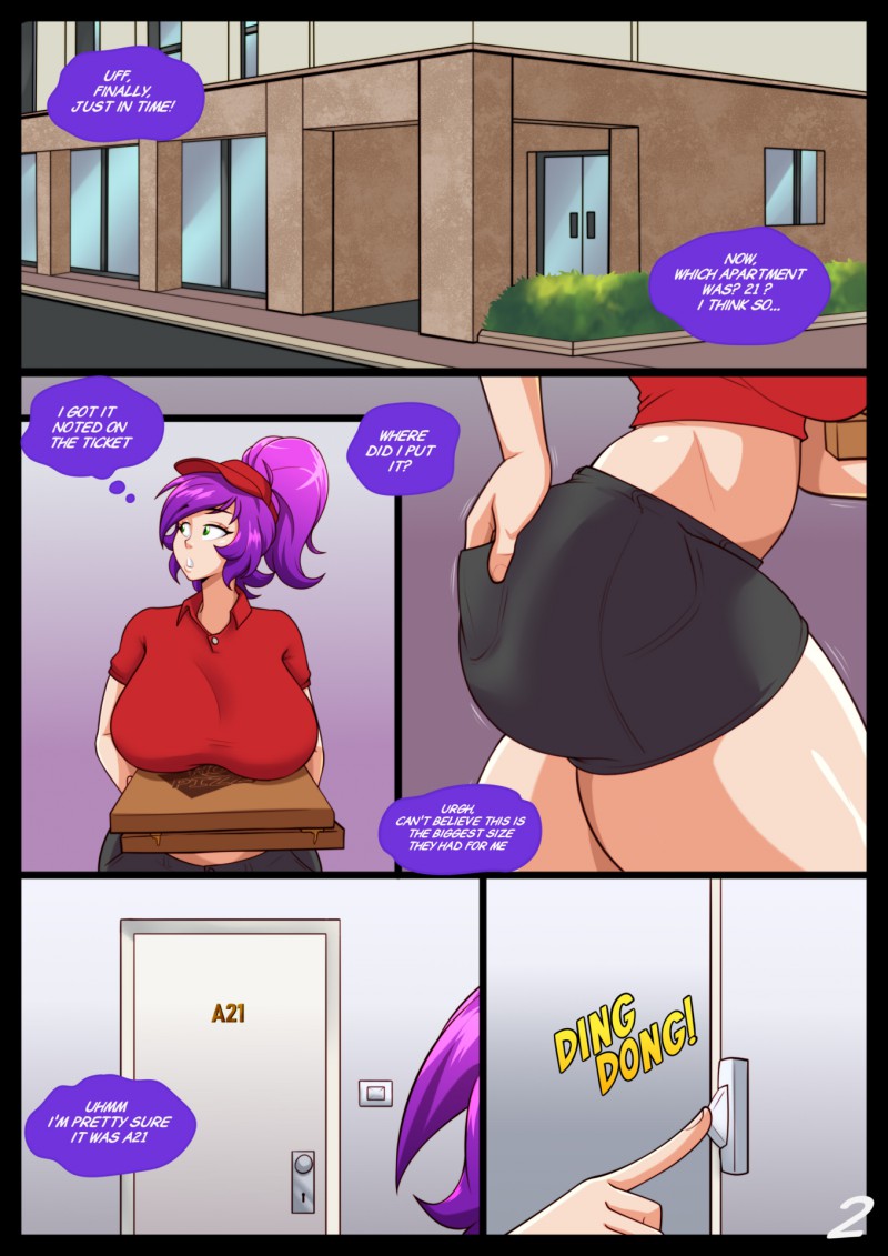 1girl 1girls 5_panel_comic big_butt black_pants comic comic_page dat_ass female female_only large_breasts original page_2 page_number parvad pizza pizza_box pizza_delivery purple_hair red_shirt text wendolin