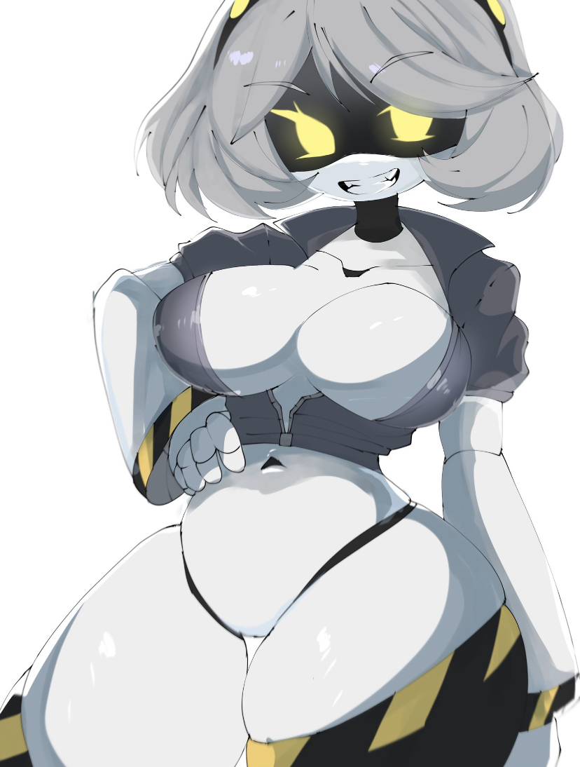 1girls breasts female female_only glitch_productions hand_on_hip mikatsu27 murder_drones robot robot_girl side_eye smile solo solo_female thick_thighs thighs v_(murder_drones) white_body white_hair white_skin yellow_eyes