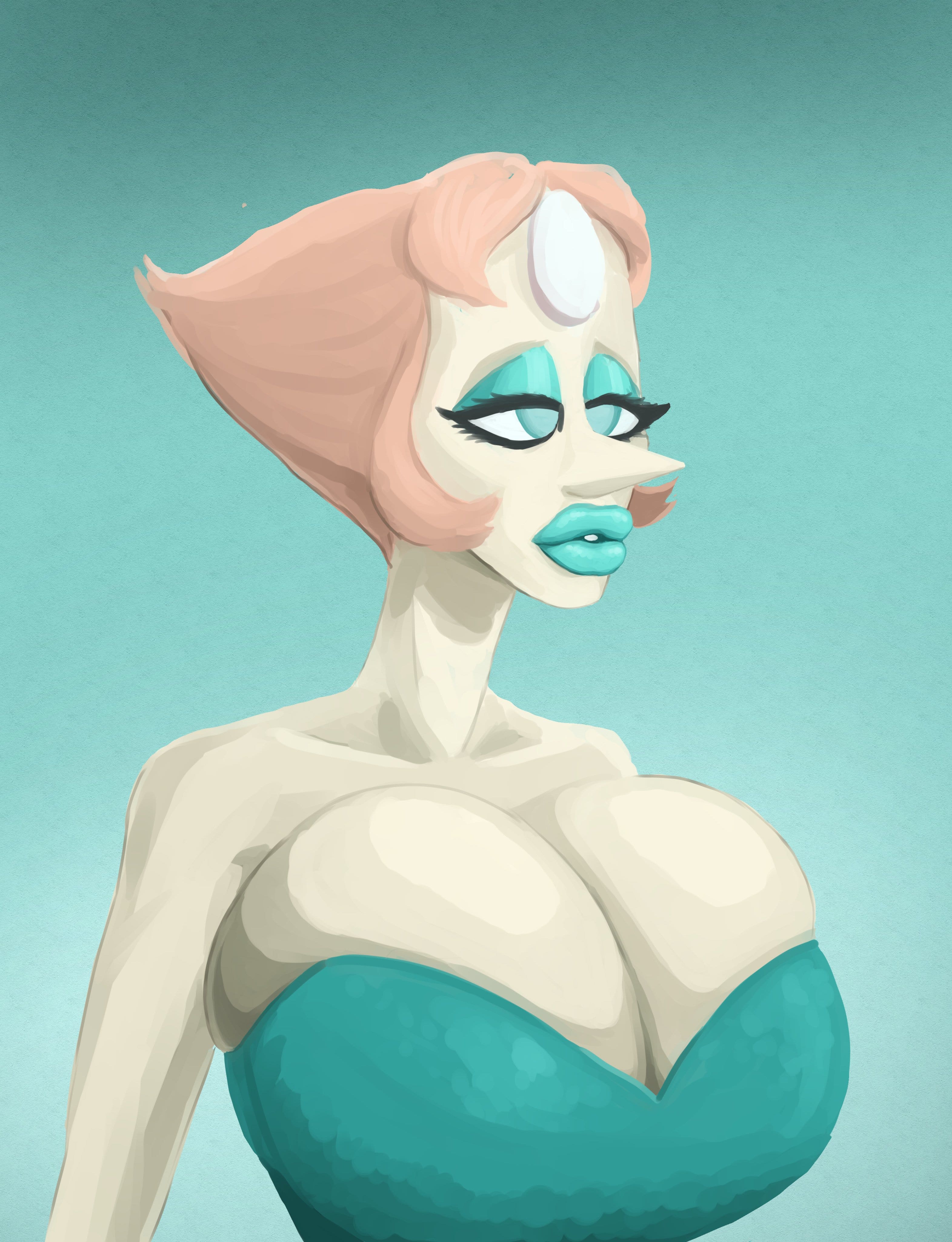 1girls, bare shoulders, big breasts, bimbo, bimbo lips, breasts, busty, cleavage, eyeshadow, female, female only, forehead gem, gem (species), huge breasts, large breasts, lipstick, makeup, pearl (steven universe), putricia, solo, steven universe, thick lips