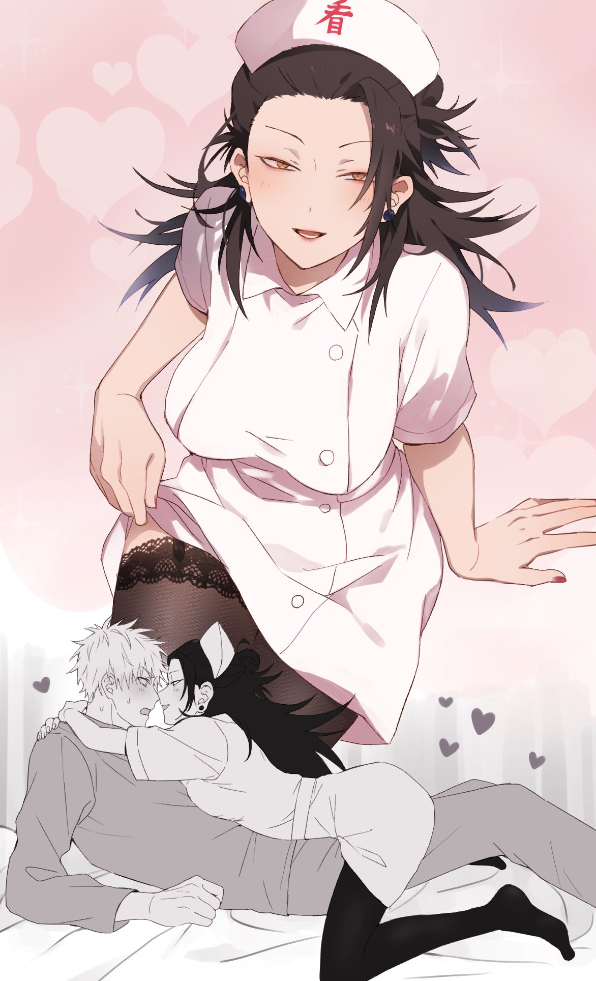 1boy, 1girls, artist request, asian female, ass, bed, big ass, big breasts, black hair, blush, breasts, clothing, curvy, curvy figure, earrings, erect nipples under clothes, erection, excited, female, female on top, heart, jujutsu kaisen, legwear, lipstick, long hair, looking at another, looking at partner, looking at viewer, male, male on bottom, male/female, milf, muscular, muscular male, nurse, nurse cap, nurse uniform, penis, pussy, rubbing pussy, rule 63, satoru gojo, stockings, straight, suguru geto, white body, white hair