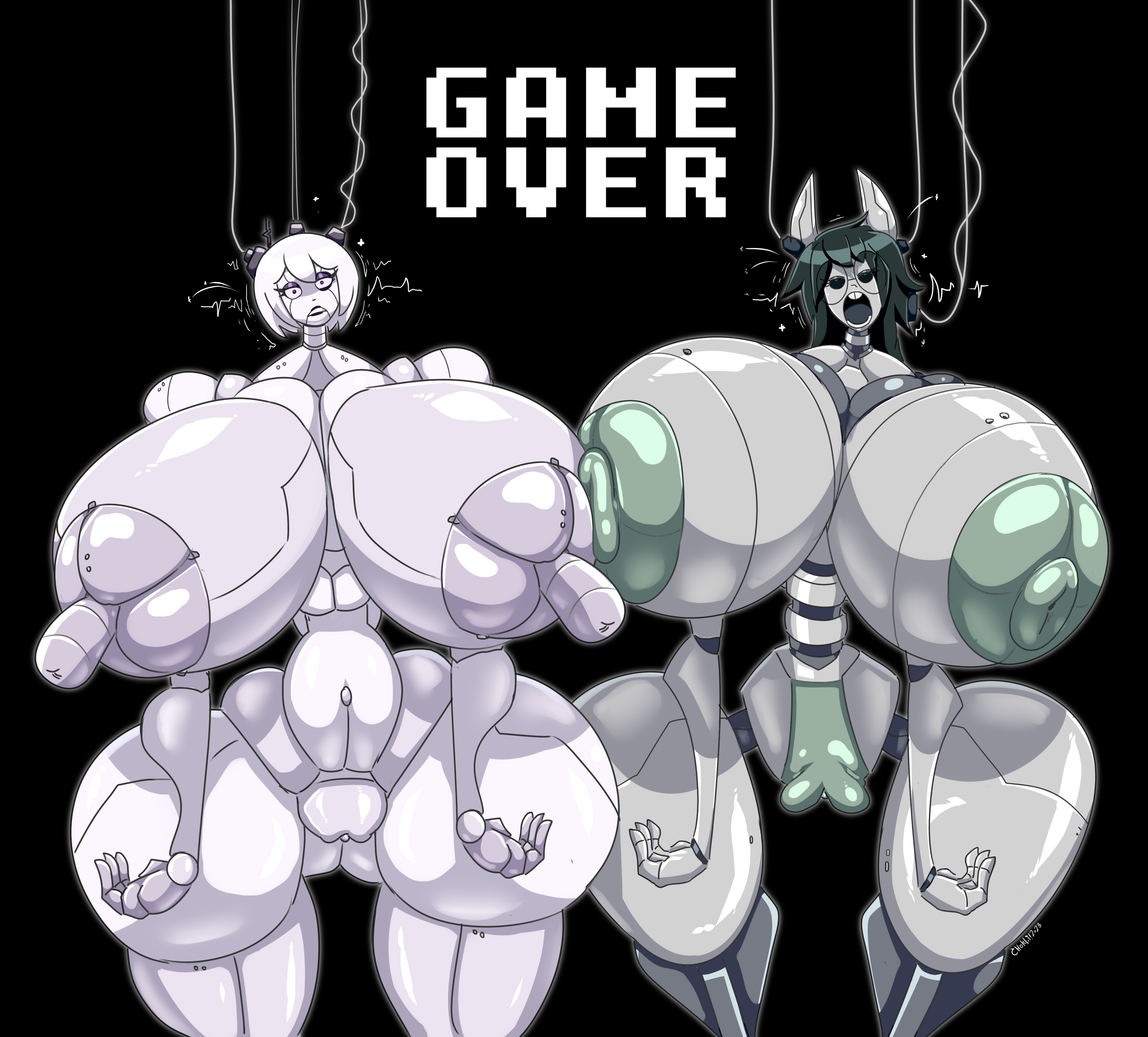 2girls, breasts, female, front view, homestuck, hyper, hyper breasts, hyper-thin waist, jade harley, robot girl, robot humanoid, rose lalonde, tasteofchoklit, transformation, tube waist