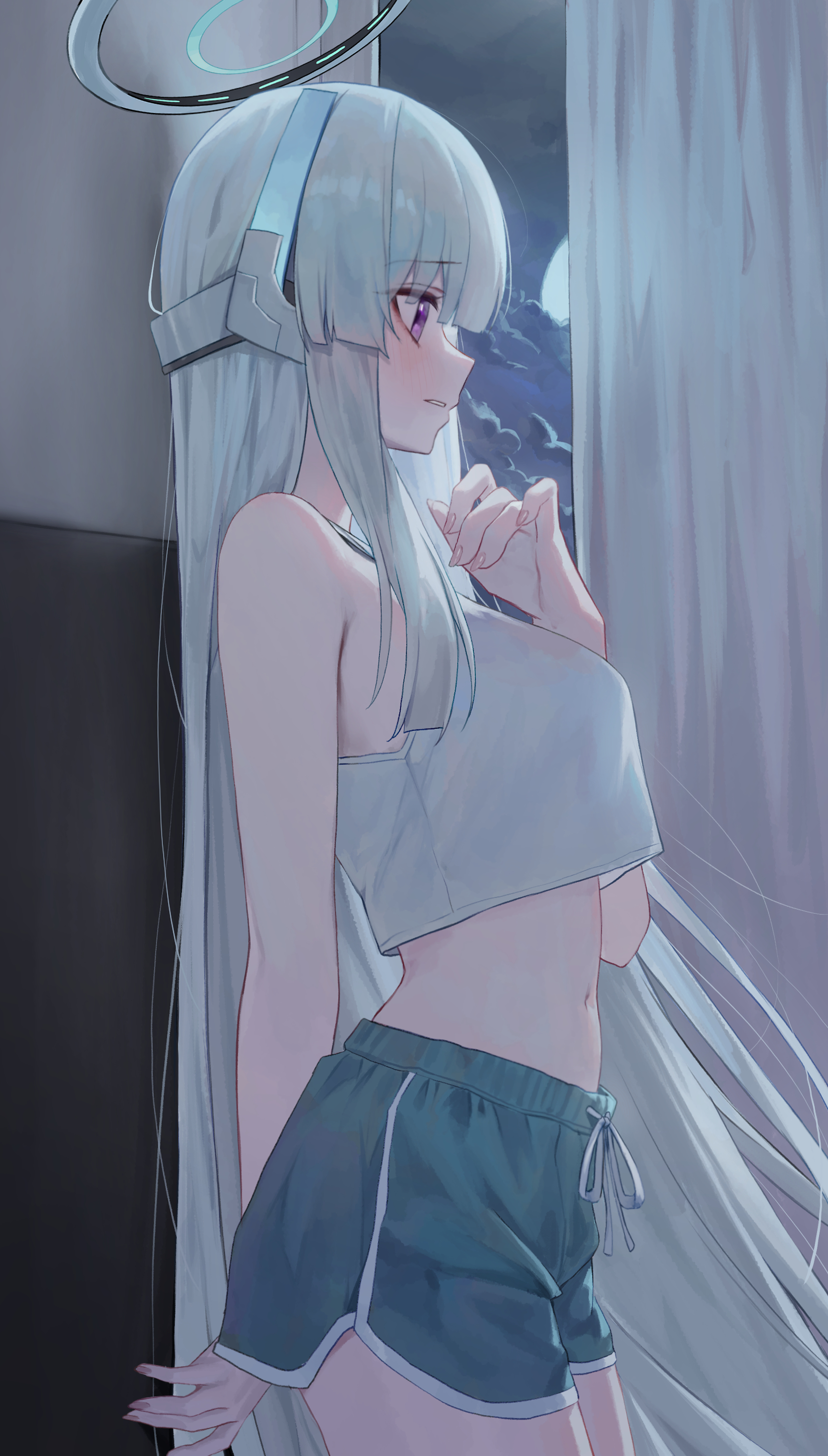 1girls, blue archive, blush, confused, confused look, confusion, crop top, female, female focus, female only, gnns, gym shorts, halo, headgear, huhi (huhi 1211), light skin, light-skinned female, long hair, millennium science school student, navel, night, noa (blue archive), purple eyes, seminar (blue archive), shorts, silver hair, tagme, tank top