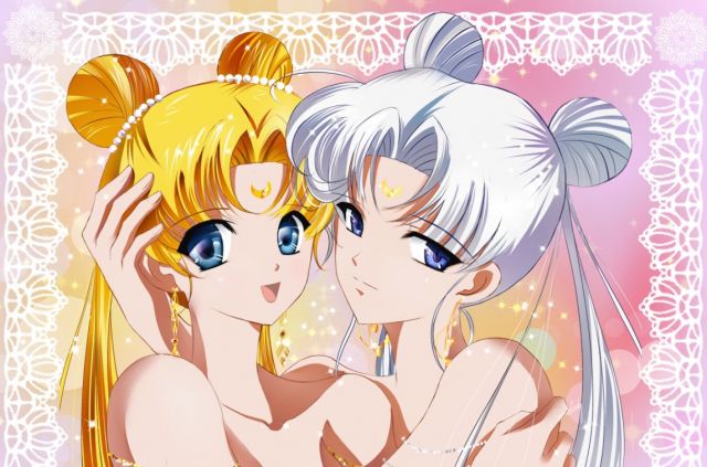 2011 2girls bare_shoulders bishoujo_senshi_sailor_moon blonde_hair blue_eyes double_bun earrings female female_only hair_bun happy incest jewelry mother_and_daughter multiple_girls nipples nude princess_serenity queen_serenity silver_hair smile snowlady7 tied_hair twintails usagi_tsukino white_hair yuri