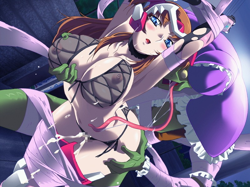 blue_eyes blush bondage bra breast_grab breasts brown_hair censored clothing cum front-tie_top game_cg gan-chan_(artist) hitozuma_sentai_aisaiger large_breasts monster morisaki_miku night nipples outdoors panties public_sex restrained see-through sentai sex side-tie_panties stockings tongue torn_clothes