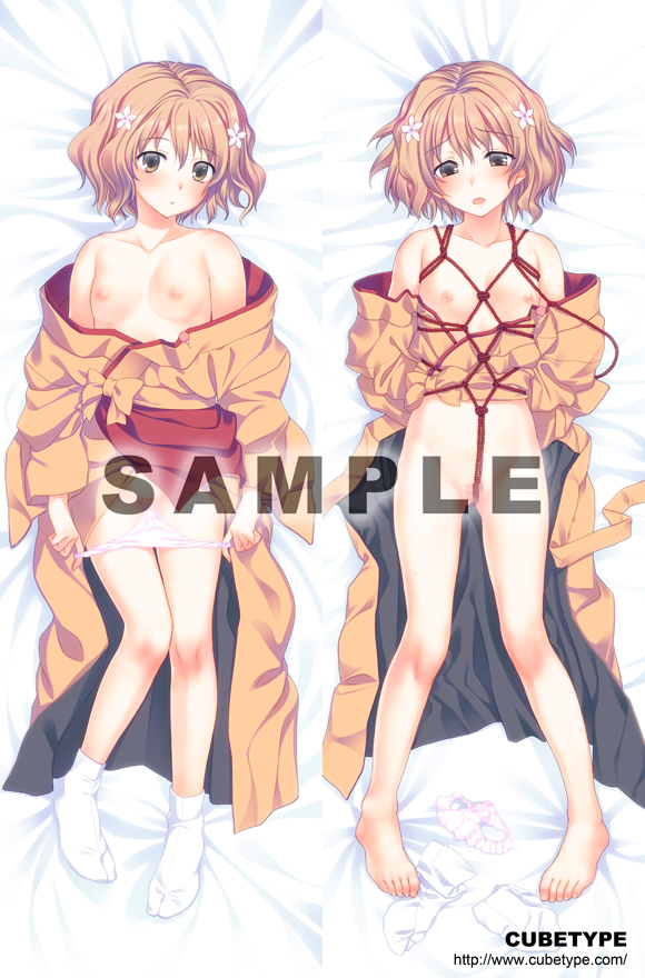 bare_shoulders barefoot blush bondage brown_eyes brown_hair censored clothing collarbone crotch_rope dakimakura flower hair_flower hair_ornament hanasaku_iroha japanese_clothes kimono matsumae_ohana nipples no_bra panties panty_pull sample short_hair socks socks_removed tabi underwear yuuki_keisuke