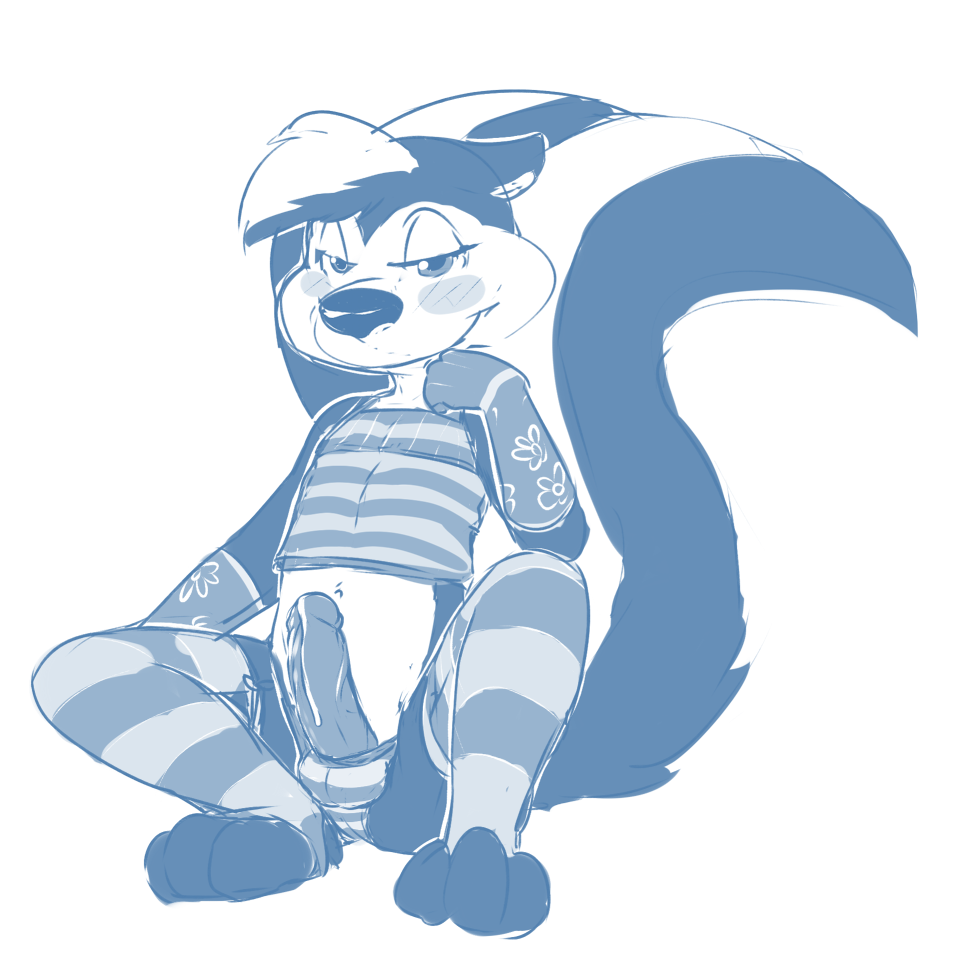 1boy crossdressing male male_only monochrome penis pepe_le_pew seth-iova sketch skunk smooth_fur solo