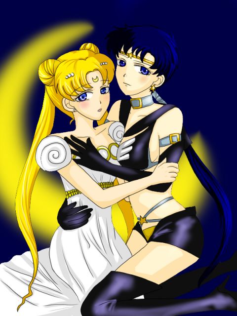 2009 2girls bishoujo_senshi_sailor_moon black_hair blonde_hair blue_eyes breasts circlet dress elbow_gloves female female_only long_hair multiple_girls pale-skinned_female pale_skin princess_serenity sailor_star_fighter sailor_starlights seiya_kou short_shorts smooth_skin tawa_(pixiv422809) usagi_tsukino yuri