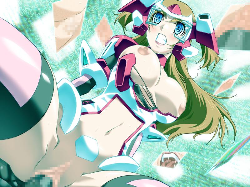 1boy1girl big_breasts blue_eyes breasts brown_hair censored clenched_teeth clothing empty_eyes game_cg gan-chan_(artist) hitozuma_sentai_aisaiger large_breasts long_hair morisaki_miku navel nipples sentai sex teeth torn_clothes visor