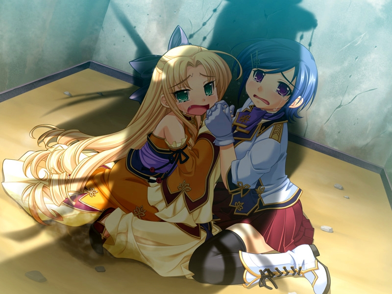 2girls artist_request blonde_hair blue_hair choukun enjutsu game_cg hand_holding imminent_rape kan'u_unchou_(koihime) koihime_musou multiple_girls omorashi peeing scared shadow source_request tear young