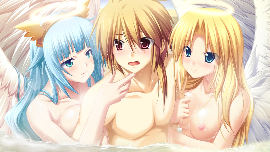 angel angel_wings aqua_eyes blonde_hair blue_hair breasts elizasleyn erizasrein eushully game_cg hatozuki_tsumiki kamidori_alchemy_meister melodiana wet wilfred_dion wings