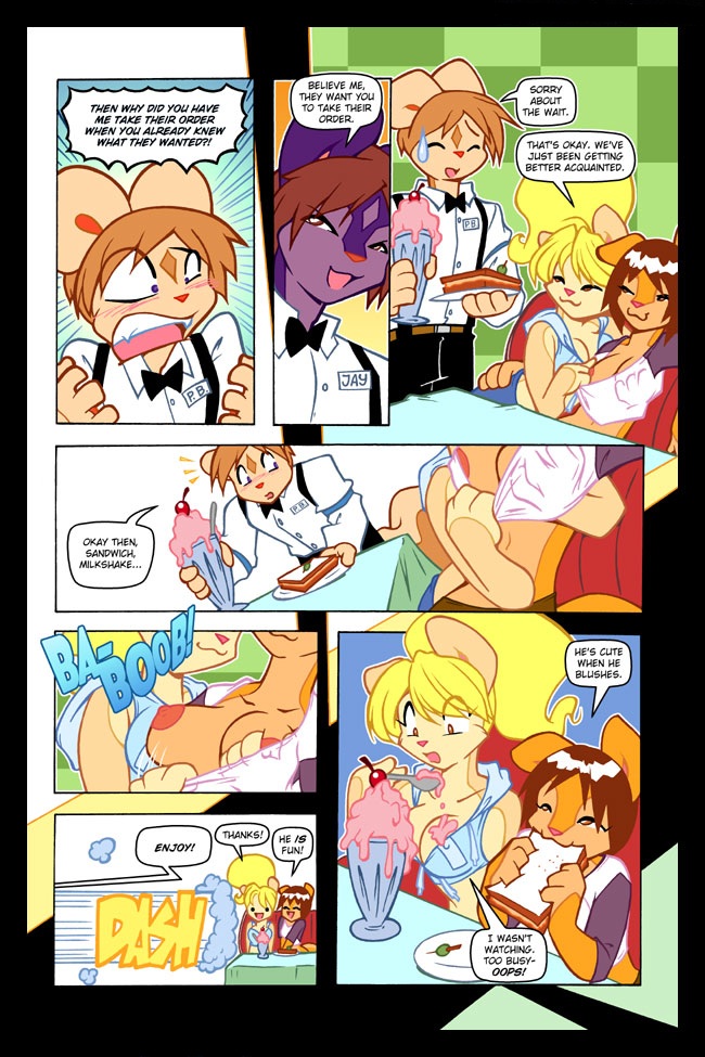 animal_ear blonde_hair brown_hair clubstripes comic cream_(miu) female hair jay male p.b. peaches_(miu) tail