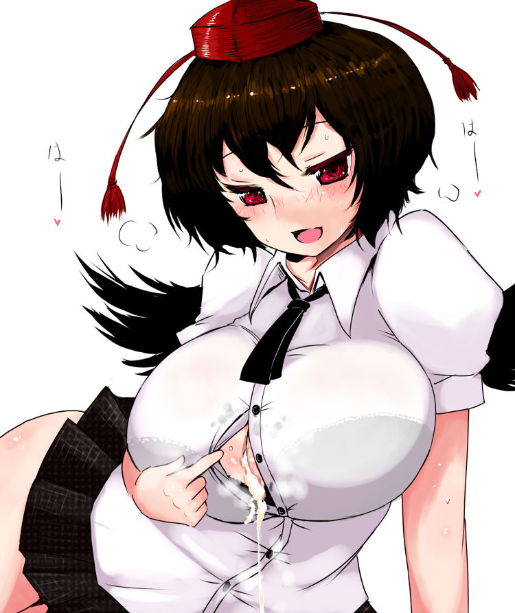 1girls after_sex black_hair blush bra breasts brown_hair cum cum_in_clothes cum_on_body cum_on_breasts cum_on_upper_body cum_wearing cumdrip female han64 han_(jackpot) hat huge_breasts lingerie on_side open_clothes open_mouth red_eyes shameimaru_aya skirt smell solo stain sweat tokin_hat touhou underwear wings