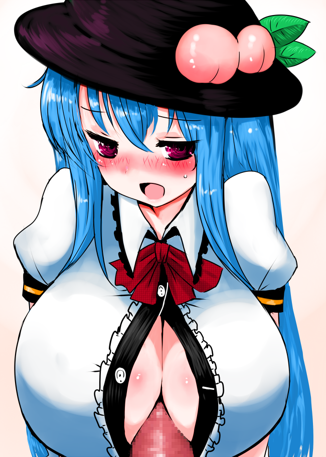 blue_hair blush breasts censored han64 han_(jackpot) hat huge_breasts long_hair open_clothes open_mouth open_shirt paizuri paizuri_under_clothes penis red_eyes shirt simple_background tenshi_hinanawi touhou upper_body