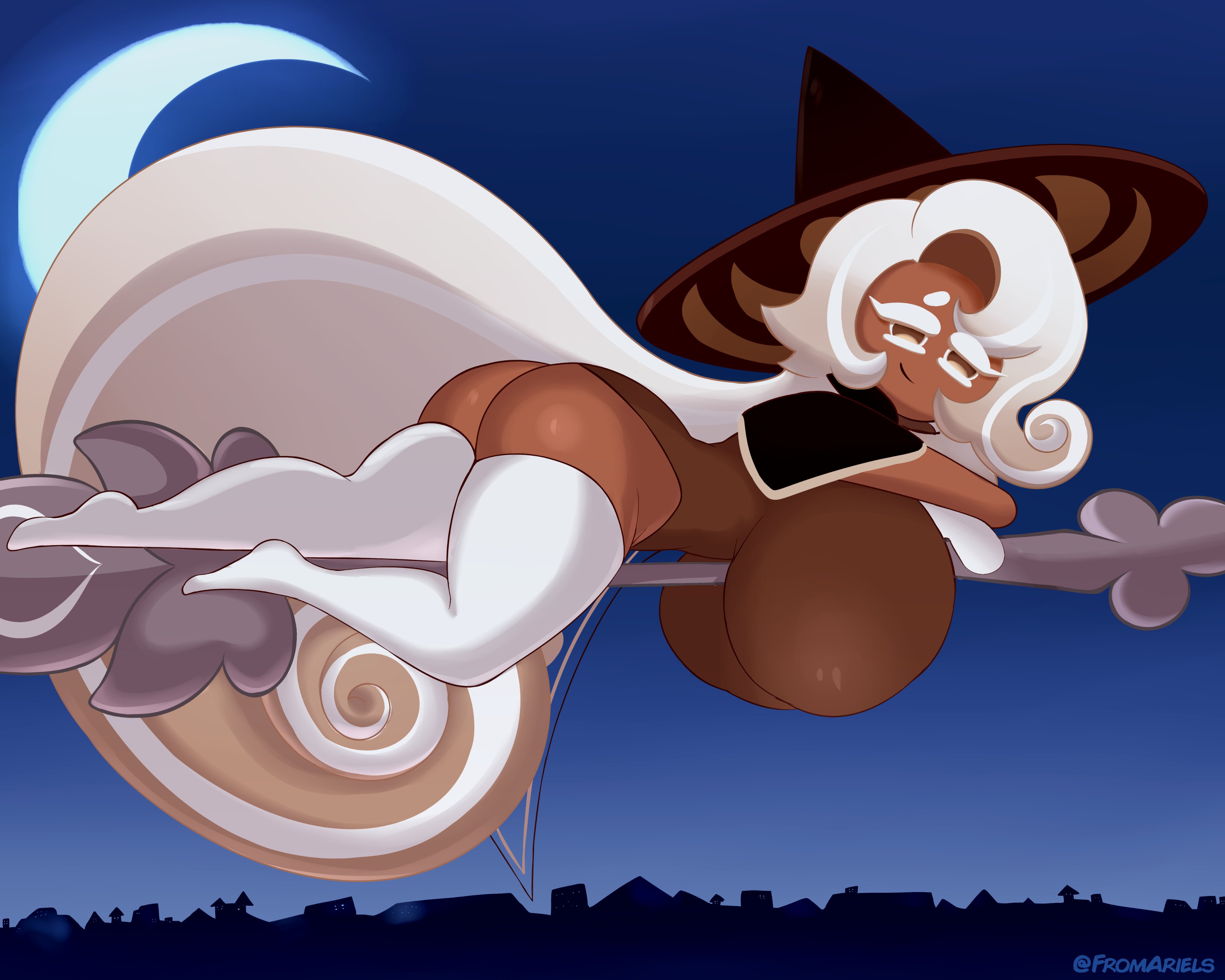 1girls, 2023, alternate version at source, artist name, ass, big ass, big breasts, breasts, brown eyes, cityscape, clothed, cookie run, crescent moon, exposed ass, female, female only, flying, fromariels, huge breasts, latte cookie (cookie run), laying down, long hair, looking at viewer, moon, mostly clothed, night, nipples visible through clothing, no bra, no underwear, see-through, shoulder pads, sideass, smile, smirk, solo, spoon, stockings, very long hair, white hair, witch, witch hat