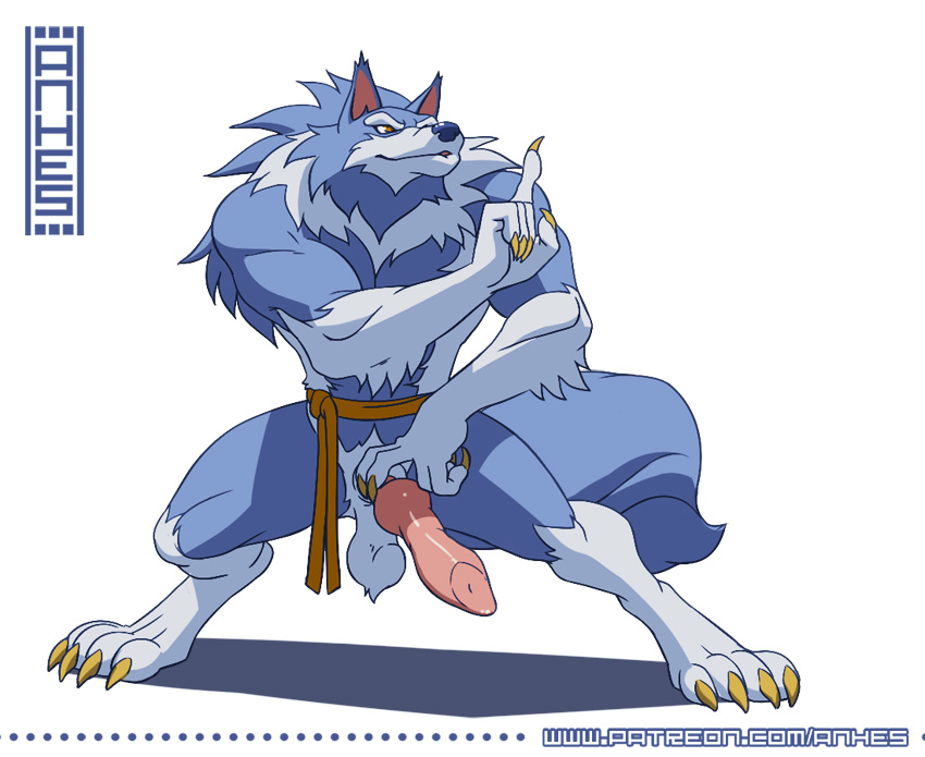 anhes anthro balls bara barazoku blue_fur boner canine canine_penis capcom darkstalkers erection furry jon_talbain knotted_penis male male_only muscles muscular muscular_male nude penis shushing solo solo_male werewolf wolf