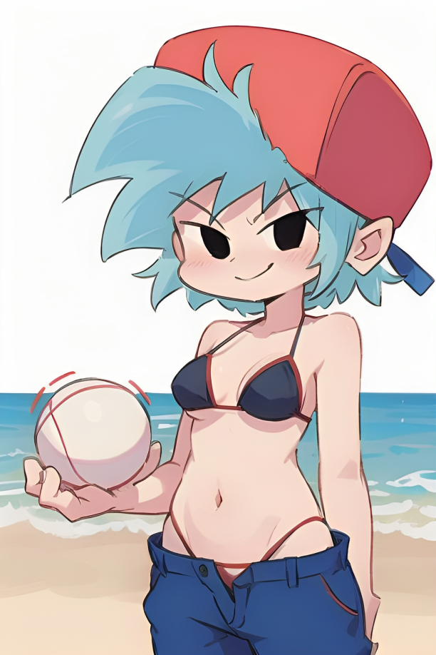 ai_generated backwards_baseball_cap baggy_clothing baseball_cap beach beach_background bikini black_eyes blue_hair blush boyfriend_(friday_night_funkin) female female_boyfriend_(friday_night_funkin) friday_night_funkin holding_ball holding_object jeans looking_at_viewer messy_hair outside pixai rule_63 rule_63 smirk solo unbuttoned_pants