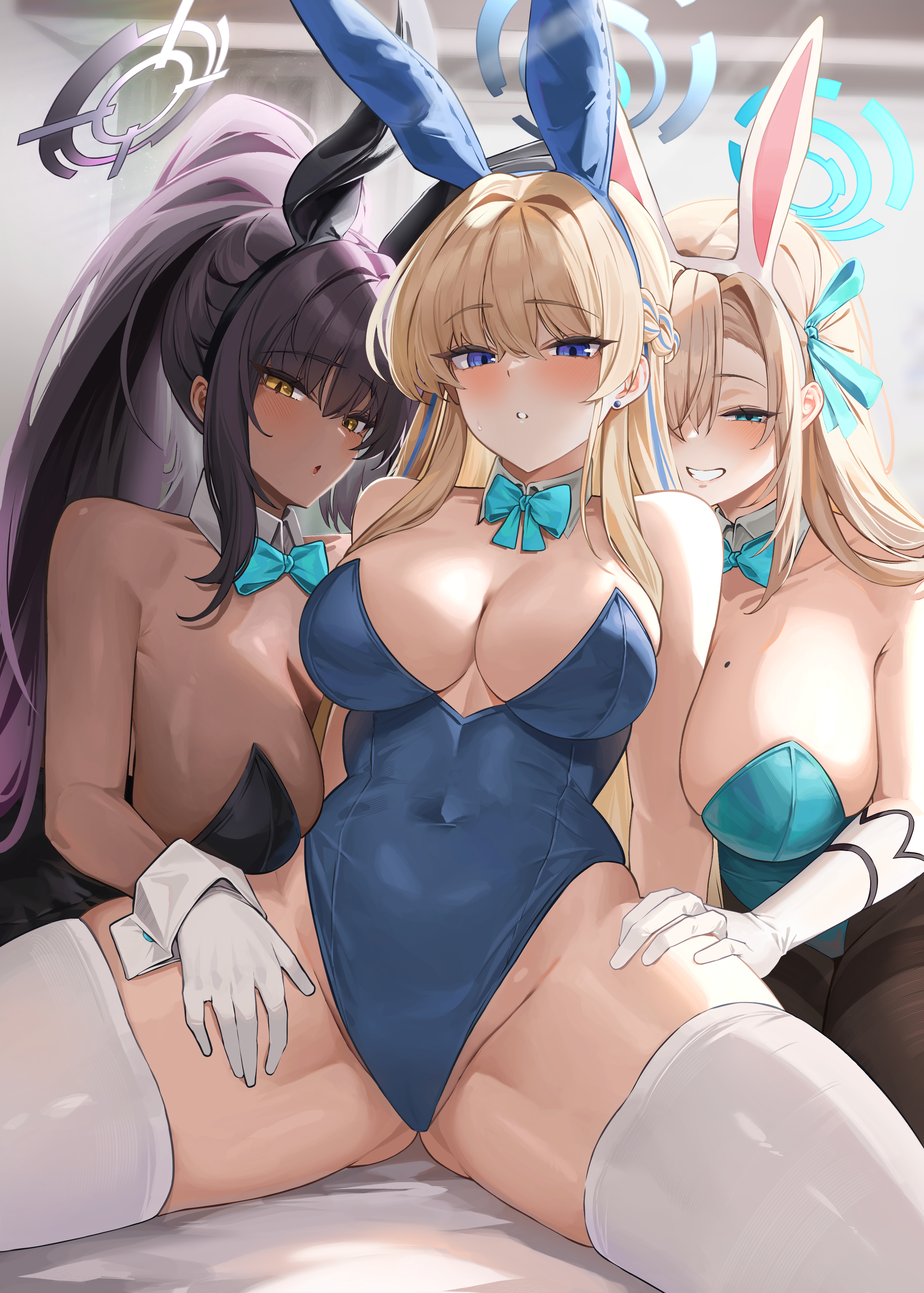 3girls, asuna (blue archive), asuna (bunny) (blue archive), bannou ippoutsukou, black hair, blonde hair, blue archive, blue eyes, breasts, bunny ears, bunny girl, bunnysuit, chocolate and vanilla, dark skin, dark-skinned female, female, hair over one eye, halo, huge breasts, karin (blue archive), karin (bunny) (blue archive), light skin, light-skinned female, looking at viewer, millennium science school student, naughty face, smile, thick thighs, toki (blue archive), toki (bunny) (blue archive), yellow eyes