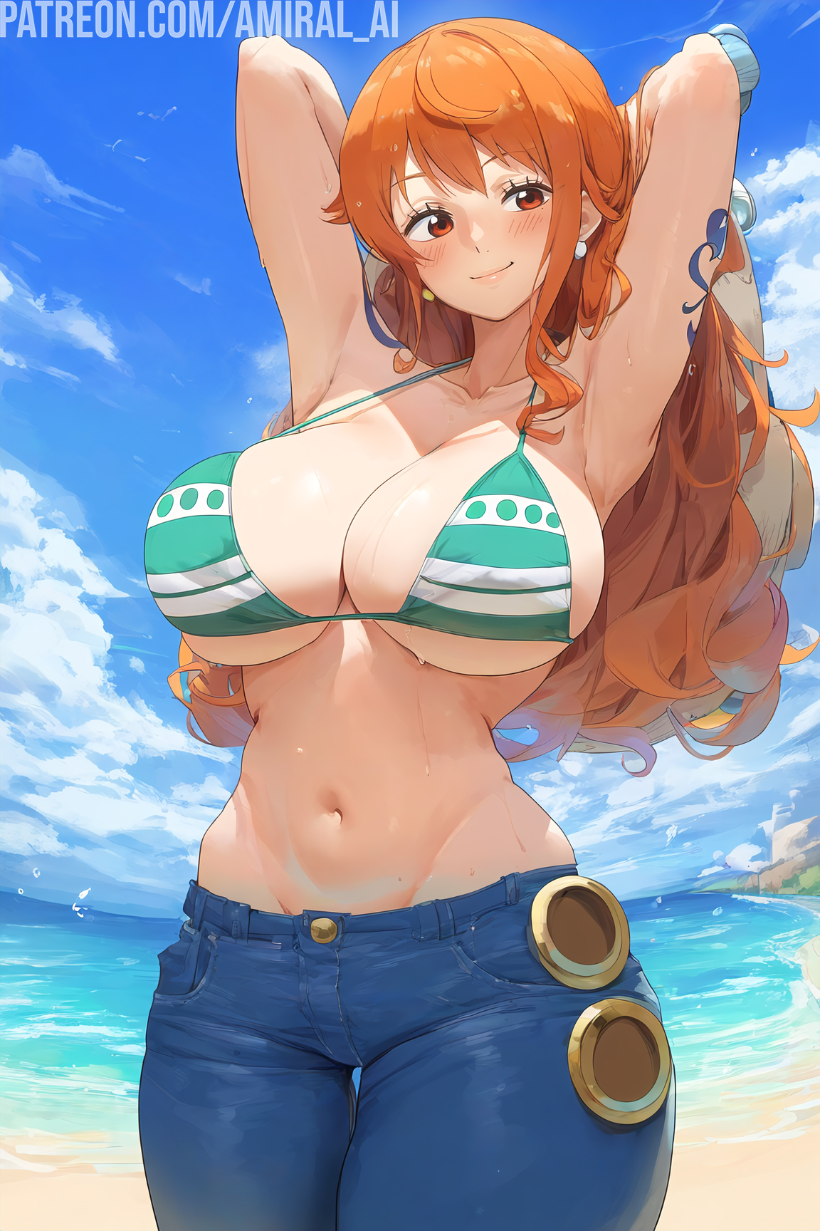 1girls, ai generated, amiral ai, armpits, beach, bikini, bikini top, blue clothing, blue pants, breasts, cleavage, female, female only, huge breasts, jeans, light skin, light-skinned female, long hair, nami (one piece), naughty face, one piece, orange hair, outdoors, pants, post-timeskip, presenting armpit, stable diffusion, thick thighs, wide hips