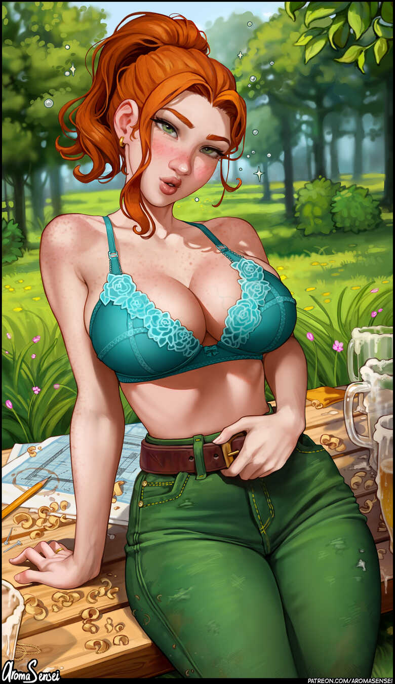 aroma sensei, ass, belly, belly button, big breasts, bra, breasts, brown hair, earrings, farm, farmgirl, female, female focus, freckles, green eyes, jeans, red hair, robin (stardew valley), small waist, stardew valley, tail, thick, thick ass, thick thighs, underwear, wide hips