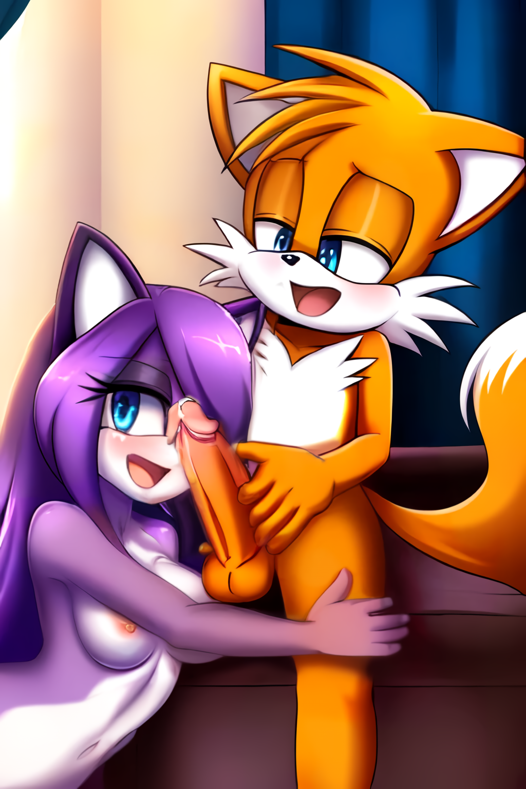 1boy 1boy1girl 1girls ai_generated animal_ears animal_nose anthro blue_eyes blush body_fur closed_mouth erection female fox_boy fox_ears fox_tail furry furry_male hair_over_one_eye half-closed_eyes happy indoors light_blush male miles_prower mobian mobian_fox nude open_smile orange_fur original_character penis penis_on_face precum purple_hair purple_skin sitting smile sonic_(series) sonic_the_hedgehog_(series) spread_legs tail tails tails_the_fox tayasse_uco testicles two-tone_fur uncensored white_fur