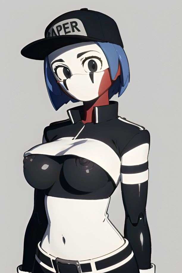 ai_generated belt black_eyes black_skin blue_hair breasts_out female five_nights_at_freddy's five_nights_at_freddy's:_security_breach hat looking_at_viewer nipples pixai robot robot_girl robot_humanoid shirt short_hair shorts simple_background solo staff_bot_(security_breach) stuffbot stuffbot(nightbotgrey) upper_body white_face