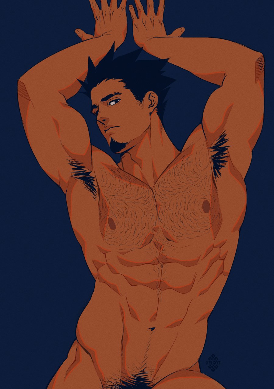 1boy abs aiki_(xelgot) armpit_hair bara black_hair blue_background chest_hair completely_nude eyebrow_cut facial_hair goatee groin highres looking_at_viewer male_focus male_pubic_hair nipples nude original pubic_hair signature solo solo_male toned toned_male upper_body xelgot