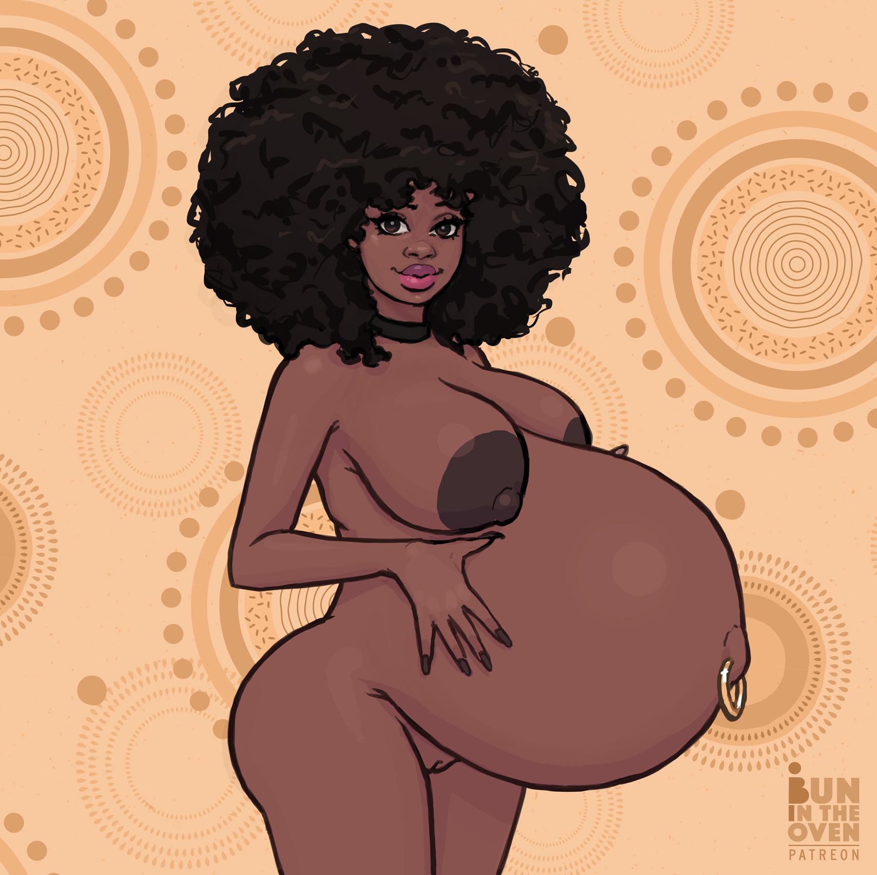 1girls, afro, belly, big belly, big breasts, breasts, bunintheoven, choker, dark skin, dark-skinned female, female, looking at viewer, navel piercing, outie navel, pregnant, pussy, solo