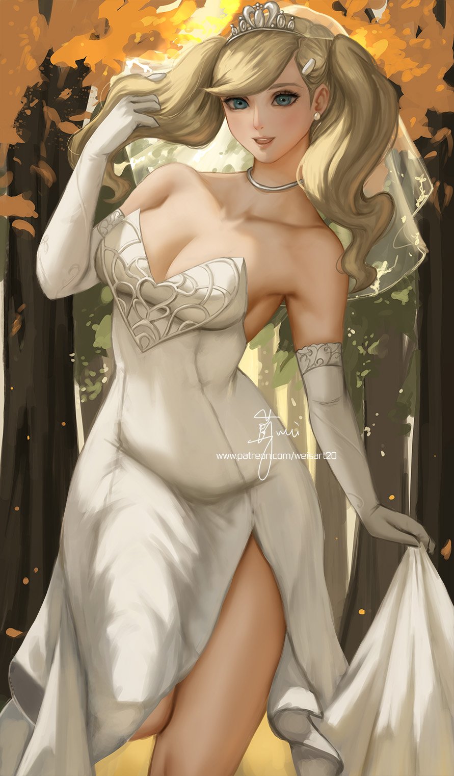 1girls alternate_costume ann_takamaki armwear artist_signature atlus blonde_hair blue_eyes breasts clothing elbow_gloves female female_only gloves hairclip holding_dress human light-skinned_female pale_skin patreon_url persona persona_5 pigtails solo tiara veil wedding_dress wedding_veil weisart weithe2nd