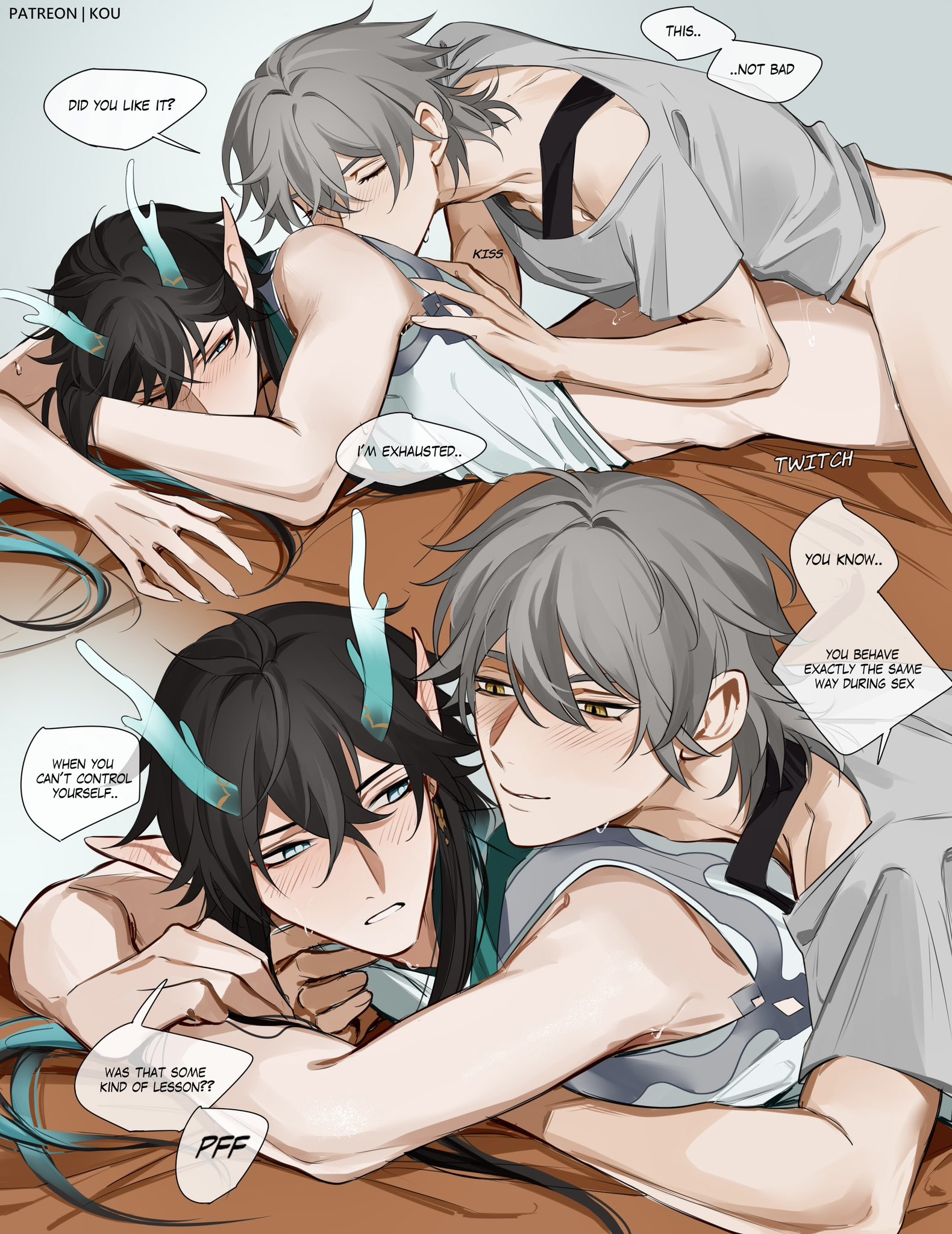 anal, anal sex, ass, blush, caelus (honkai: star rail), clothed, clothing, cum, cum in ass, cum inside, dan heng, dan heng (imbibitor lunae), dialogue, gay, honkai: star rail, horns, kissing, male, male penetrated, male penetrating, male/male, no pants, penetration, shirt, text, yaoi, yukaero4
