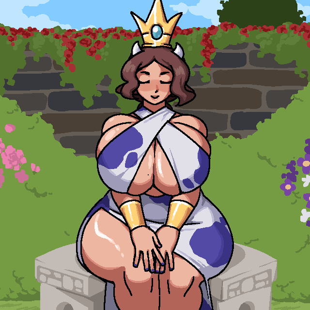 big_ass big_breasts blush clothed cow_ears cow_girl cow_horns cow_print crown dress female female_only garden gold_bracelets horns huge_breasts mole_on_breast ms._milk_(royalmilk20) nail_polish no_bra original_character queen royalmilk20 sideboob thick thick_thighs underboob wide_hips