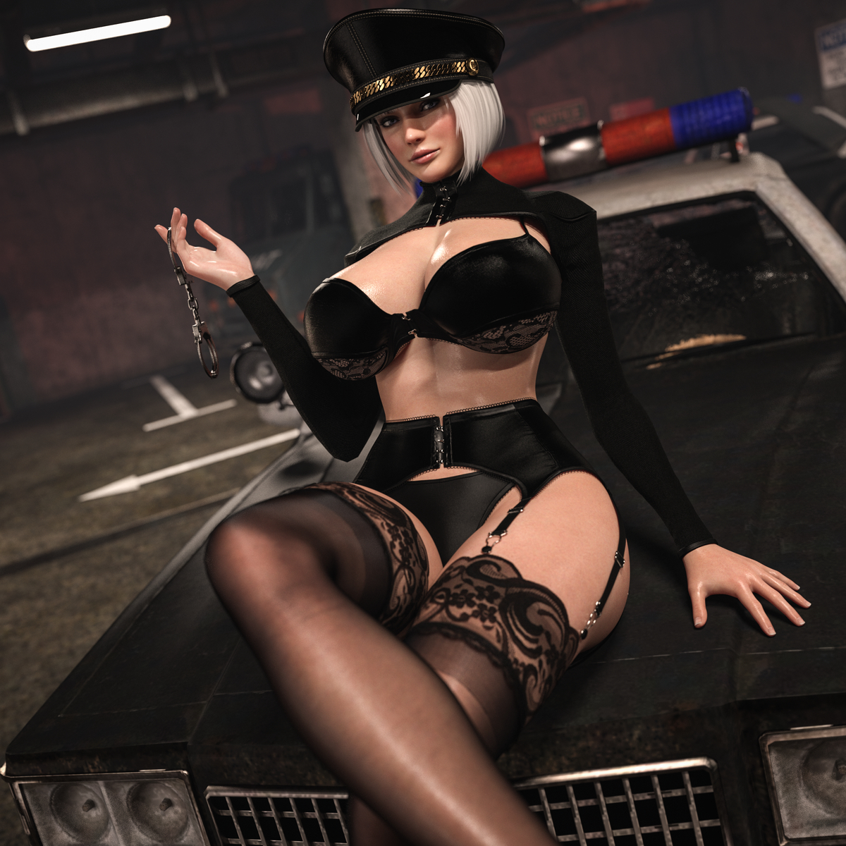 3d, bra, christie (doa), daz studio, dead or alive, female, hadamanola, handcuffs, honey select, lingerie, police, police car, police uniform, policewoman, stockings