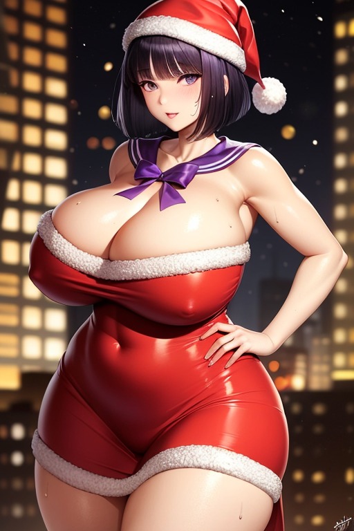 ai_generated big_breasts bishoujo_senshi_sailor_moon breasts christmas christmas_outfit clothing dress hotaru_tomoe large_breasts nai_diffusion sailor_saturn santa_costume solo solo_female stable_diffusion standing