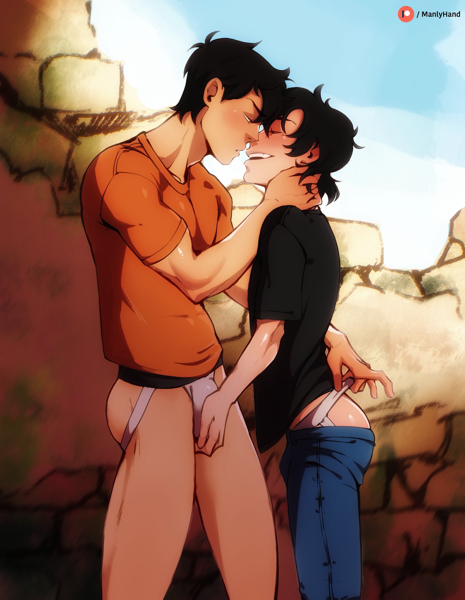 ass, black hair, bulge, closed eyes, clothed, clothing, epenis through underwear, gay, grabbing penis, jockstrap, legs, male, male only, male/male, manlyhand, nico di angelo, pants, pants down, penis, penis grab, percy jackson, percy jackson and the olympians, shirt, smile, smiling, underwear, yaoi