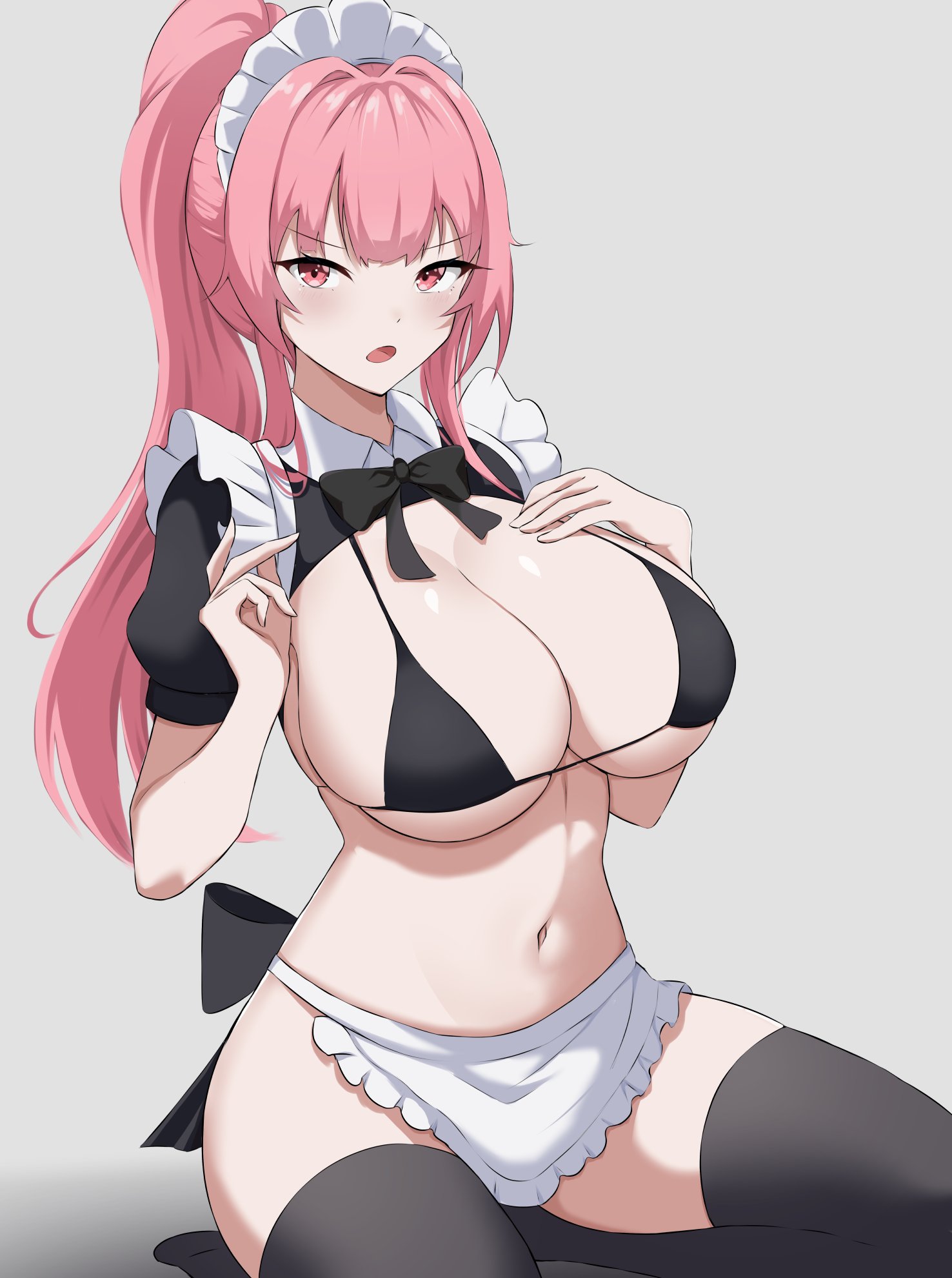 ?zenopengr, belly button, bra, breasts, female, hand on breast, hololive, hololive english, hololive myth, large breasts, long hair, maid uniform, mori calliope, pink hair, virtual youtuber