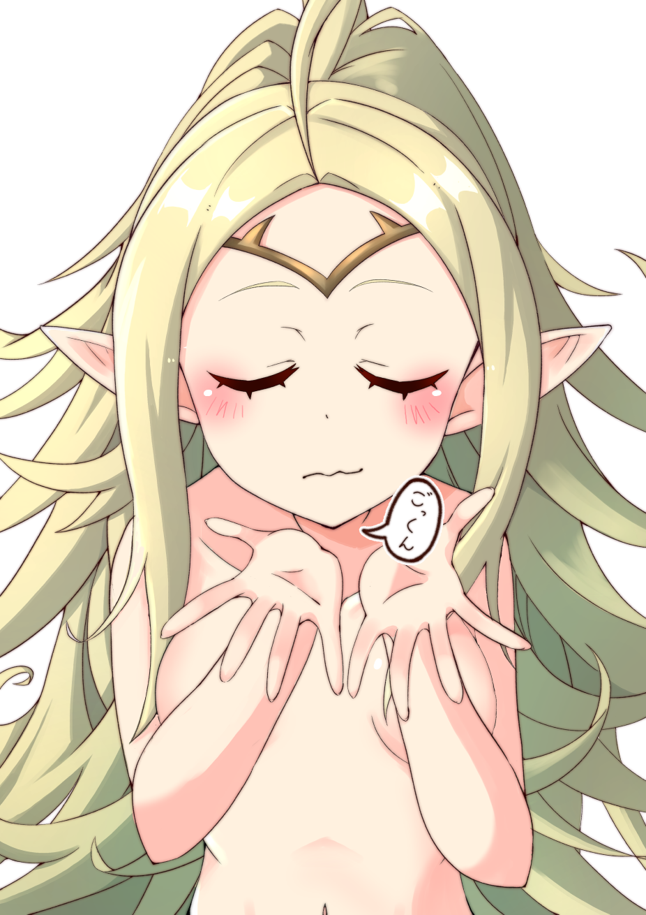 1girls after_fellatio after_oral after_sex ahoge apoj bare_arms bare_shoulders blonde_hair blush breasts closed_eyes collarbone completely_nude cum cum_in_mouth eating eating_cum female female_only fire_emblem fire_emblem_awakening long_hair nintendo nipples nowi_(fire_emblem) nude nude_female pointy_ears shoulders small_breasts solo sound_effects swallowing swallowing_cum very_long_hair white_background