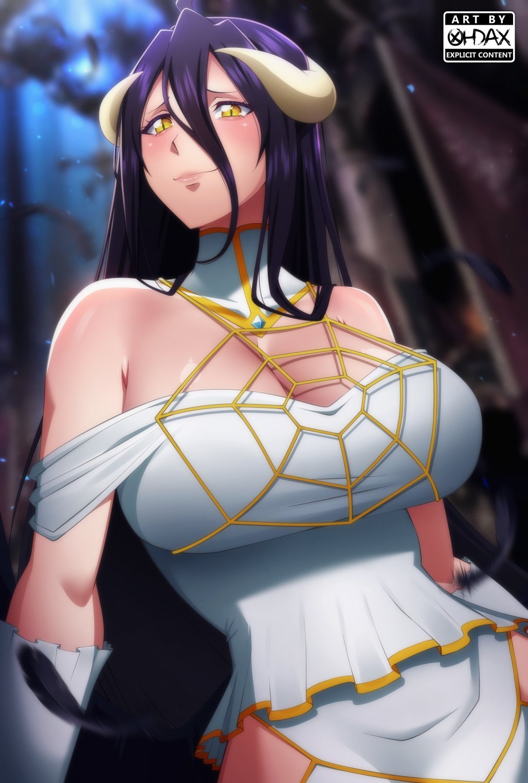 1girls, albedo (overlord), artist logo, black hair, blush, demon, feathers, female, female only, hi res, horns, long hair, looking at viewer, ohdax, overlord (maruyama), slit pupils, smiling, smiling at viewer, solo, succubus, succubus horns, yellow eyes