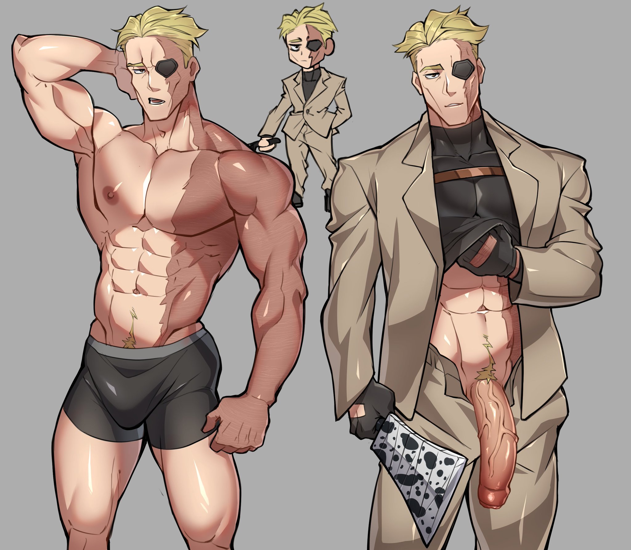 abs, big penis, blonde hair, cock, eyepatch, gay, gay male, happy trail, jujutsu kaisen, kento nanami, male, male focus, male only, muscular, muscular male, muto20002, nipples, pants, pants open, pecs, pectorals, penis, penis out, shirt, shirt up, solo, solo focus, solo male, underwear, yaoi
